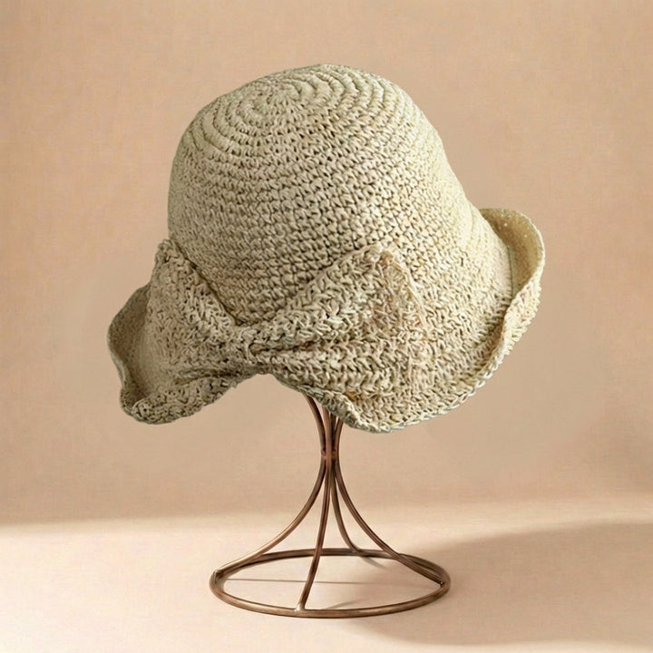 Crocheted Woven Sun Hat with Downturned Brim and Bow Detail