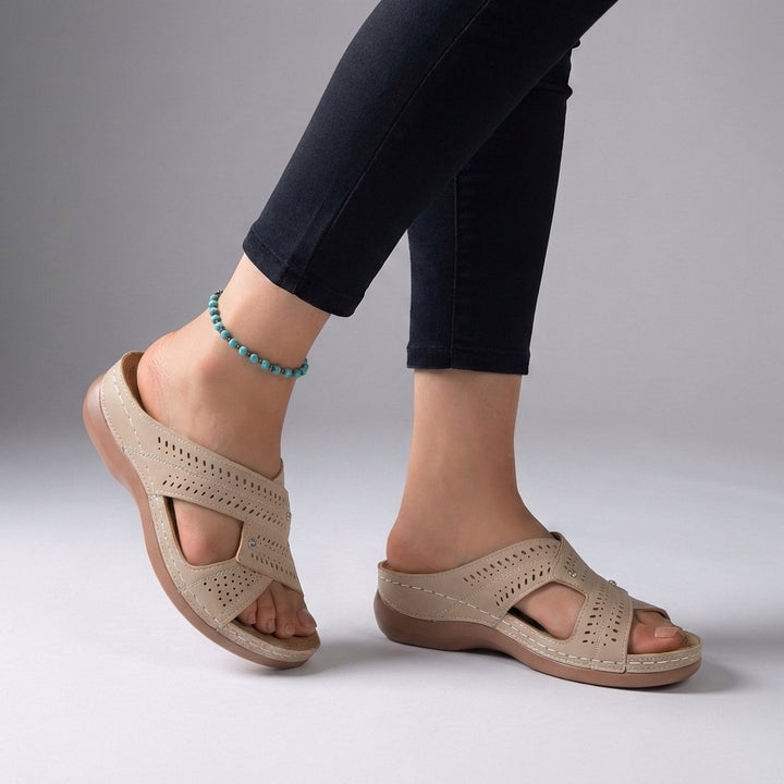Elegant Slip-On Wedge Sandals with Criss-Cross Straps and Rhinestone Accents