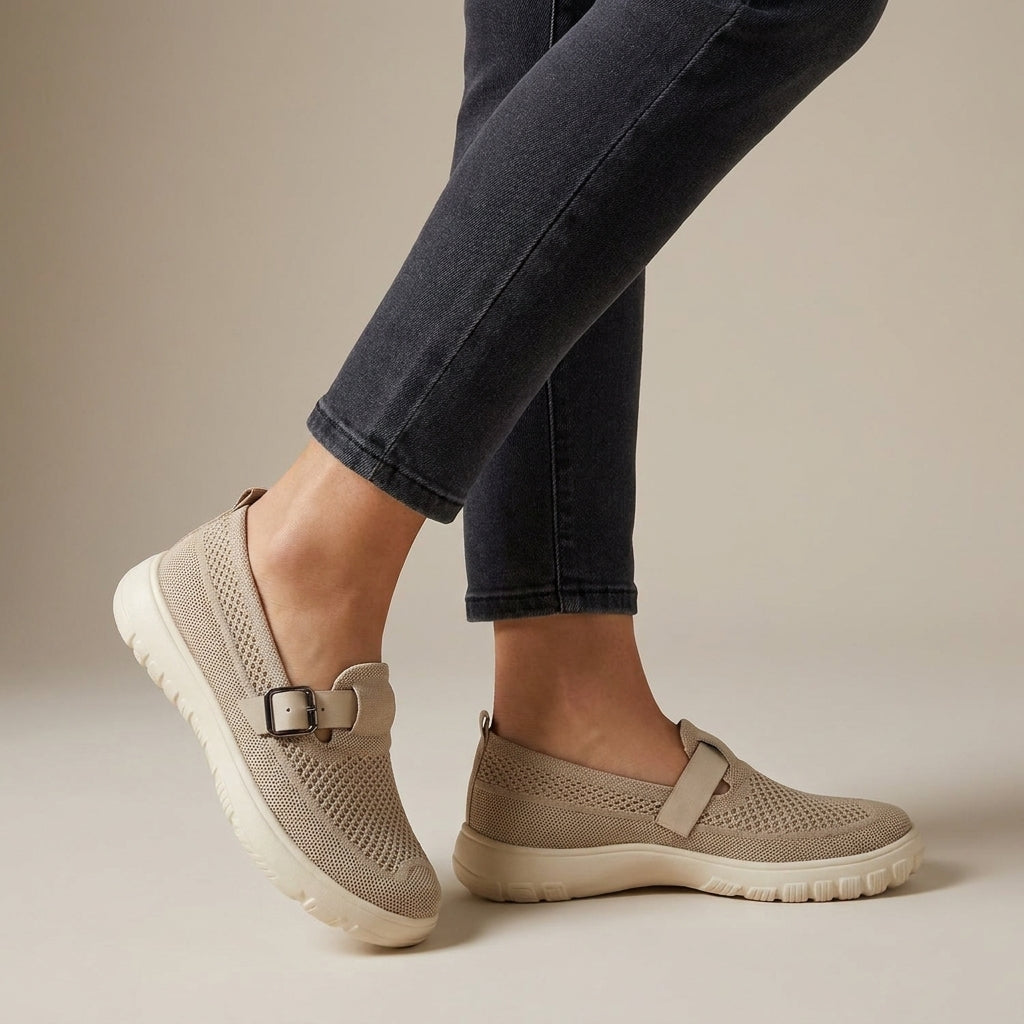 Slip-On Orthopedic Loafers with Breathable Knit and Buckle Detail