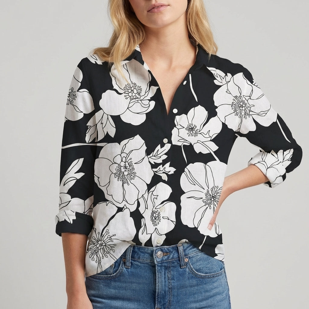 Relaxed Button-Up Blouse with Soft Collar and Rolled Sleeves
