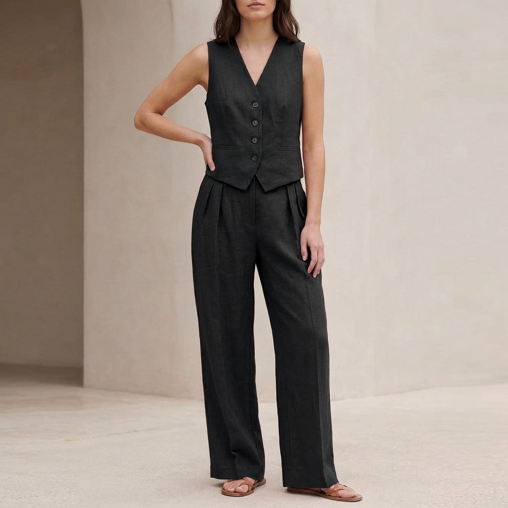 Tailored Linen Blend Vest and Wide Leg Trouser Set