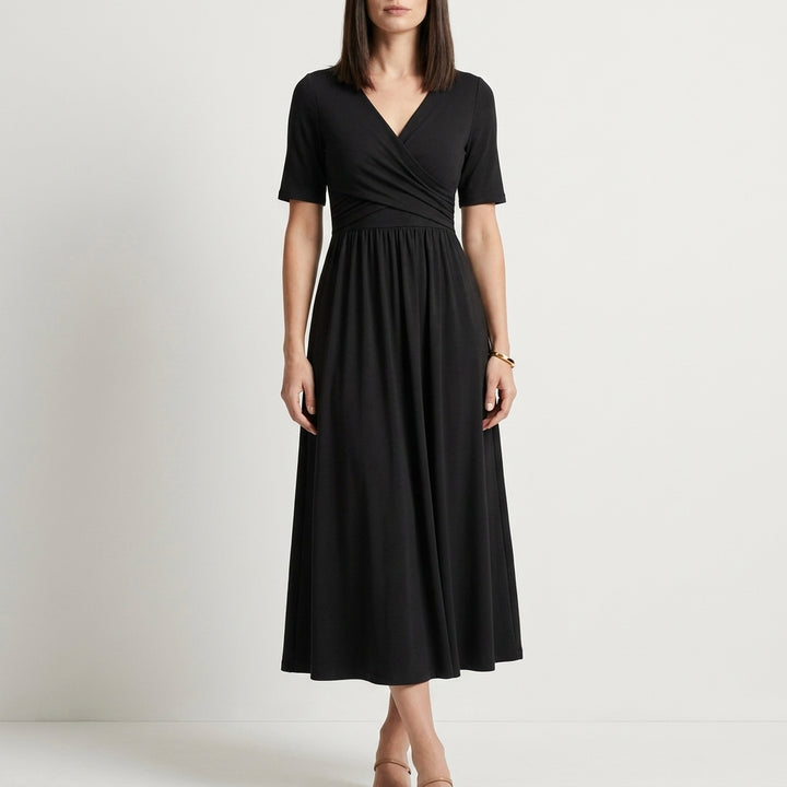 Flowing Wrap Front Midi Dress with Defined Empire Waist