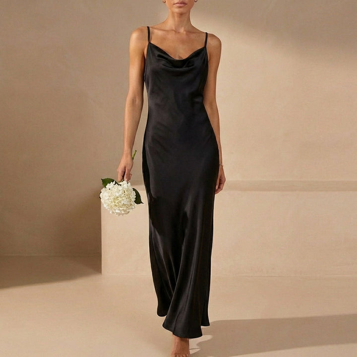 Bias-Cut Cowl Neck Maxi Dress with Delicate Spaghetti Straps