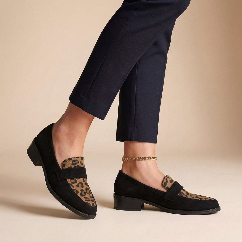 Leopard Accent Penny Loafers with Refined Suede Finish