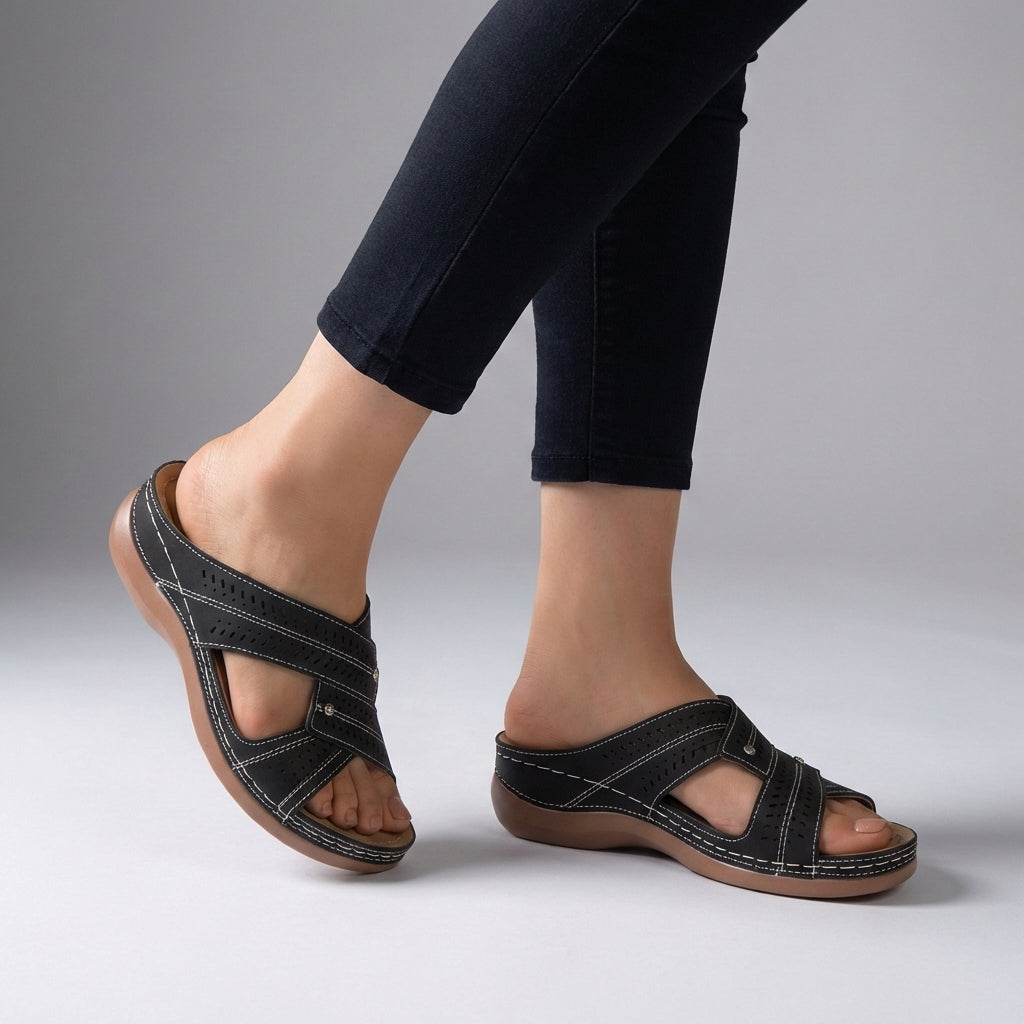 Elegant Slip-On Wedge Sandals with Criss-Cross Straps and Rhinestone Accents
