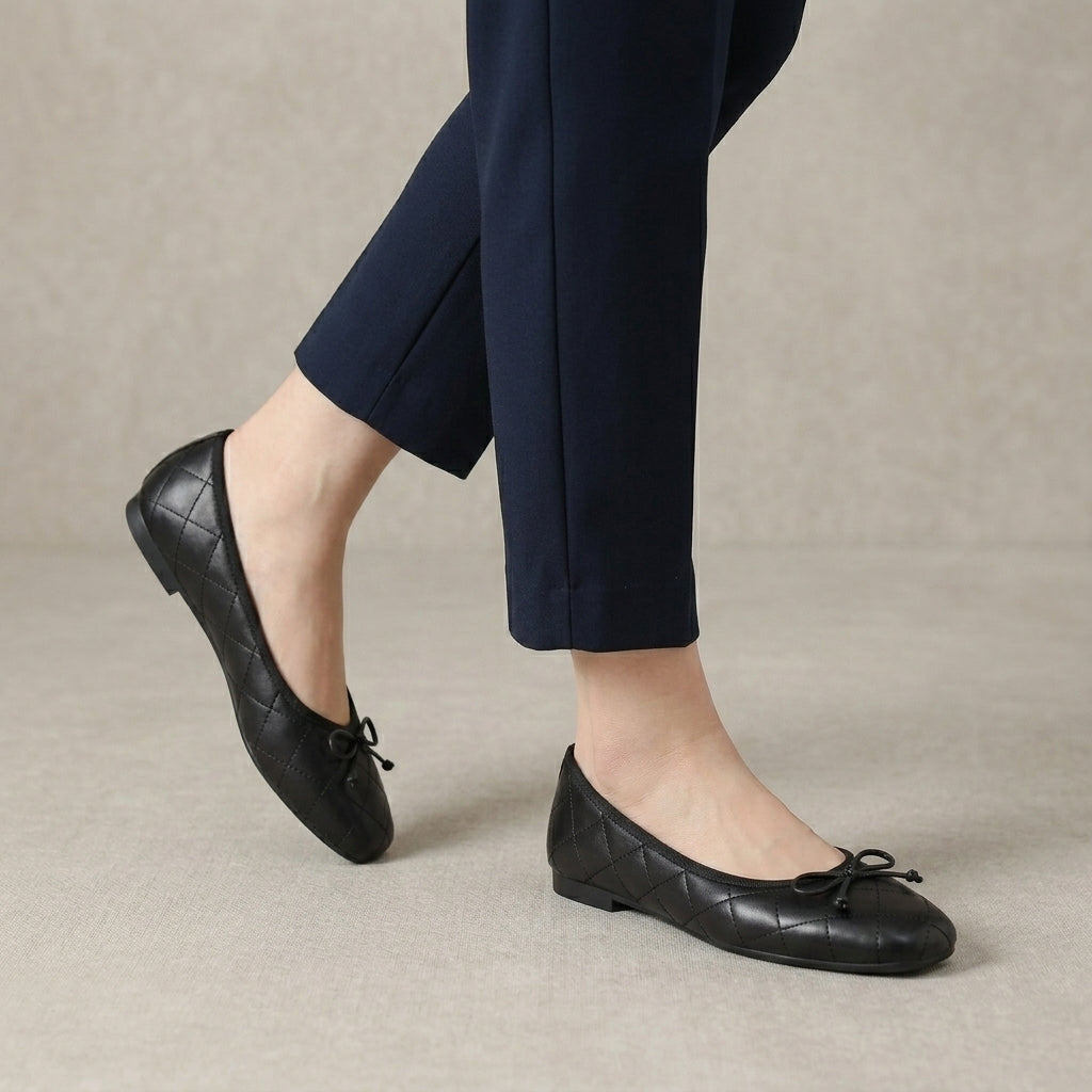 Quilted Ballet Flats with Square Toe and Delicate Bow Detail