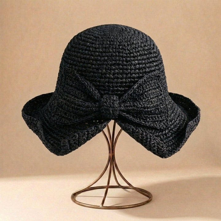 Crocheted Woven Sun Hat with Downturned Brim and Bow Detail