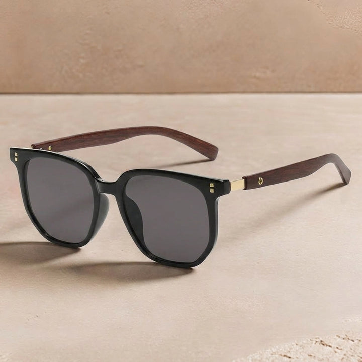 Lena Hart Classic Square Sunglasses with Wooden Arms