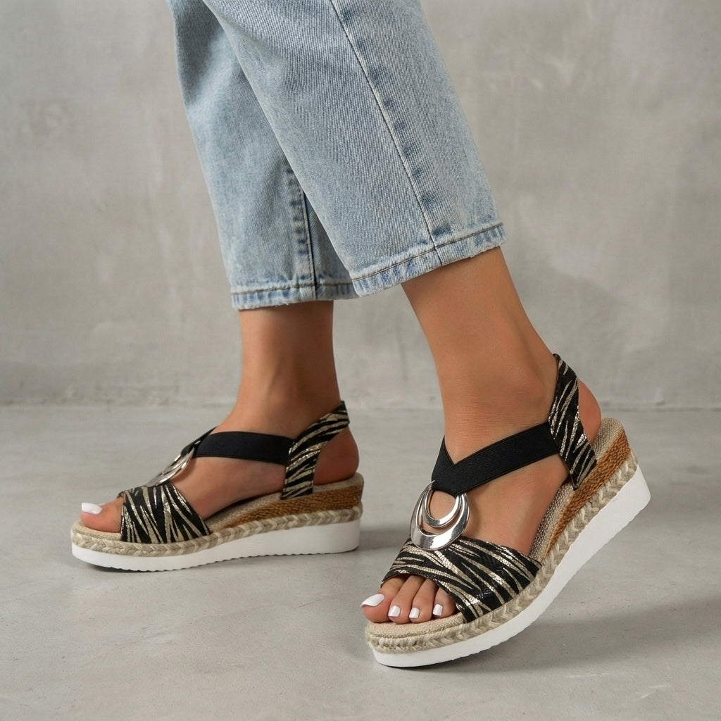 Metal Accent Slingback Wedge Sandals with Textured Cross Straps