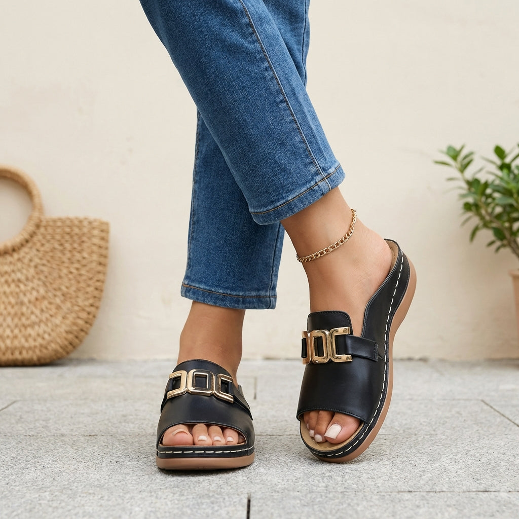 Slip On Orthopedic Sandals with Sculptural Buckle Detail