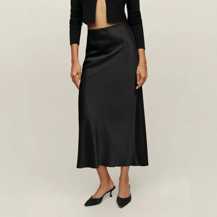 Lustrous Satin Midi Skirt with Fluid Bias Cut Silhouette