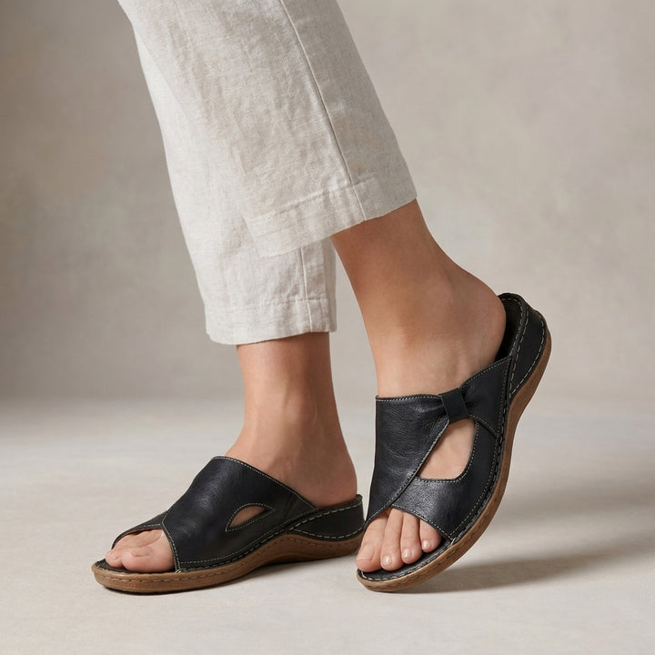 Orthopedic Slide Sandals with Bow-Embellished Cut-Out Strap