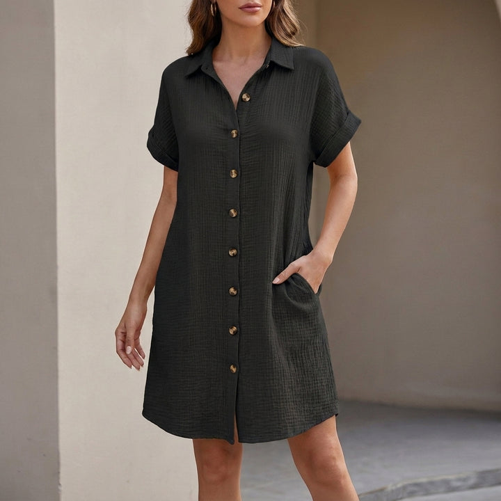 Relaxed Button-Front Shirt Dress with Rolled Sleeves and Pocket Detail