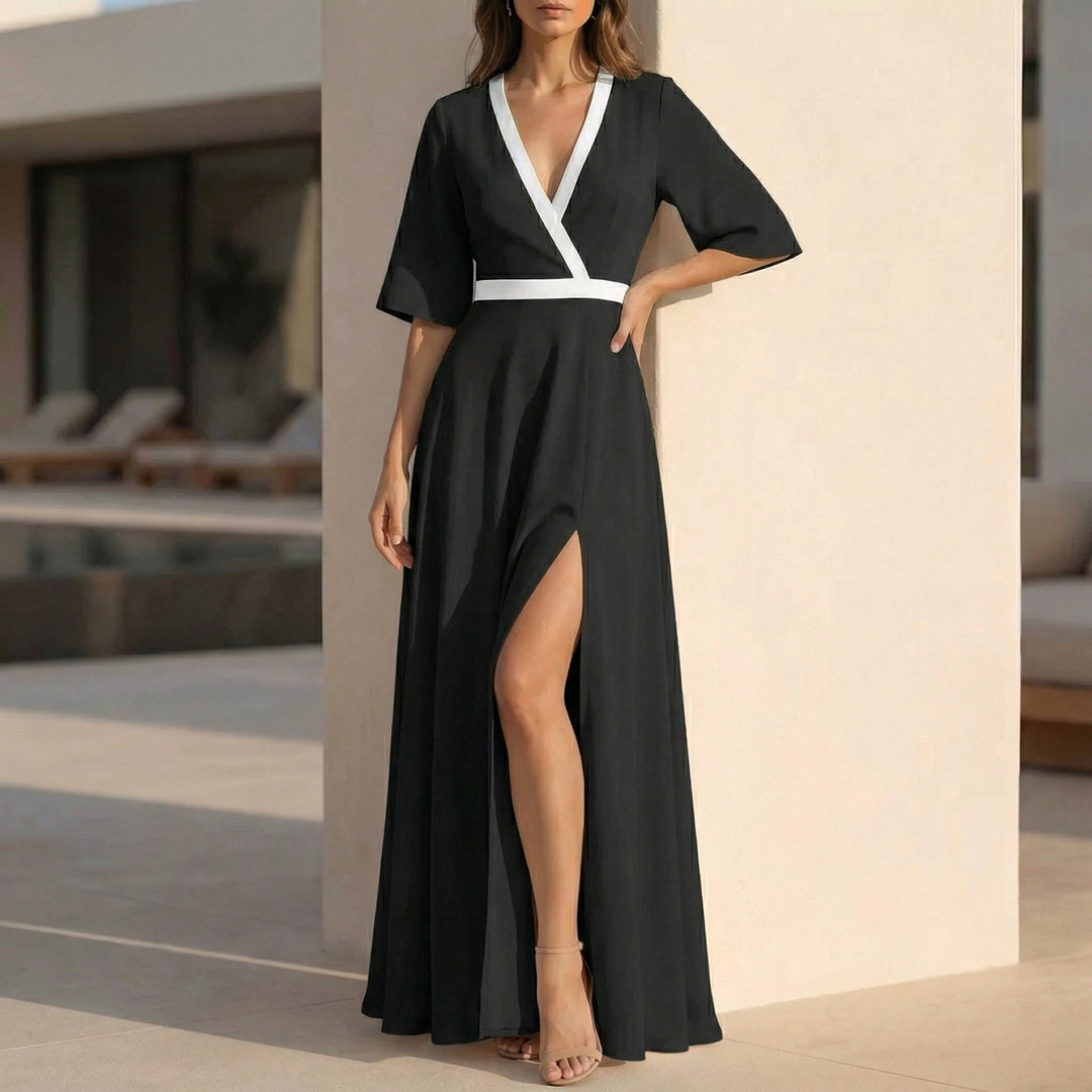 Flowing Floral Maxi Dress with Contrast Wrap Bodice and Front Slit