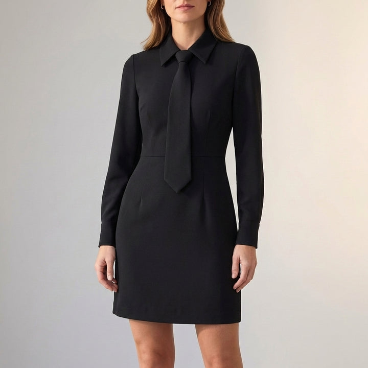 Fitted Sheath Dress with Tie-Neck and Bishop Sleeves