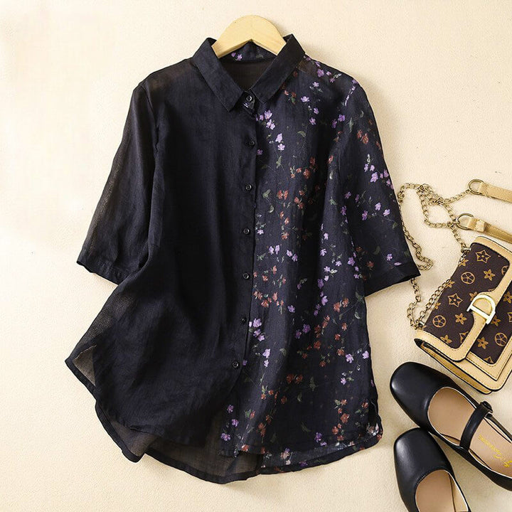 Floral Colorblock Linen Blend Button-Up Shirt with Relaxed Silhouette