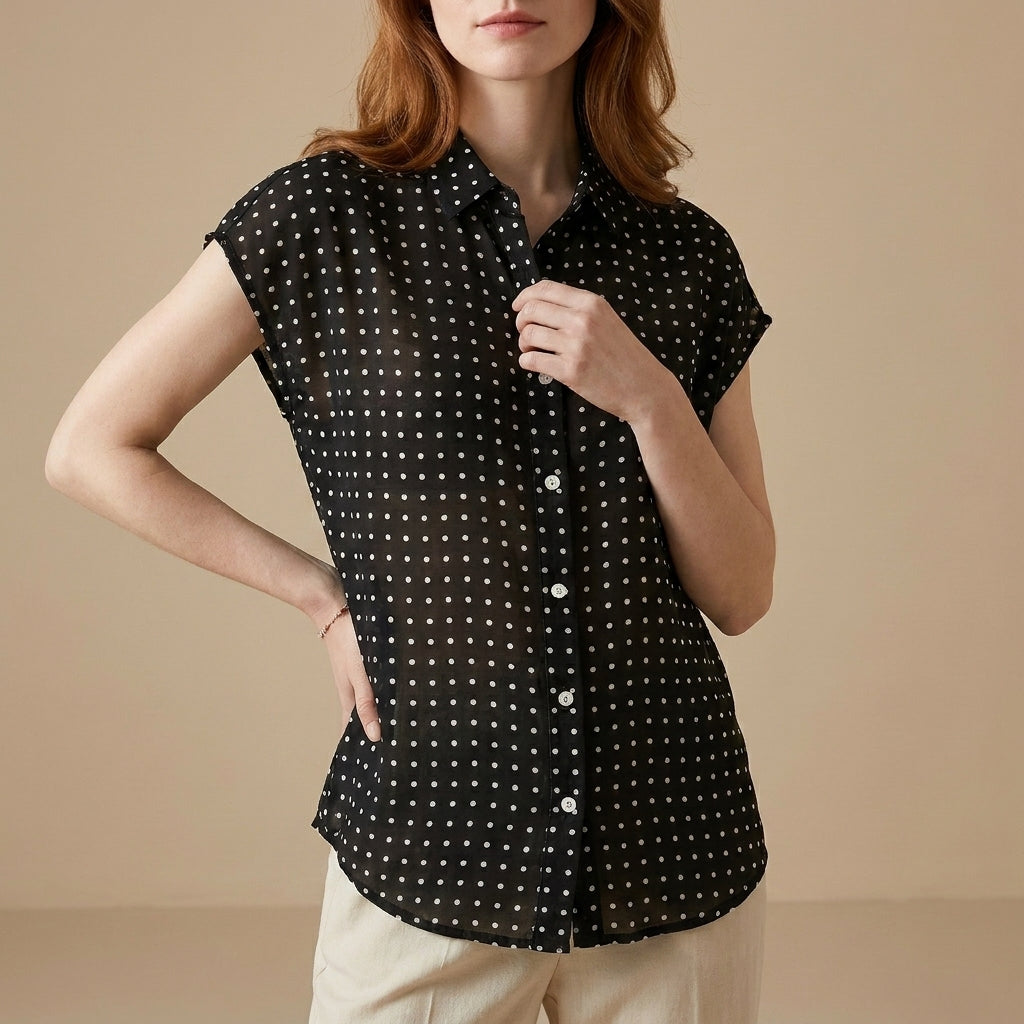 Relaxed Polka Dot Button Front Blouse with Soft Cap Sleeves