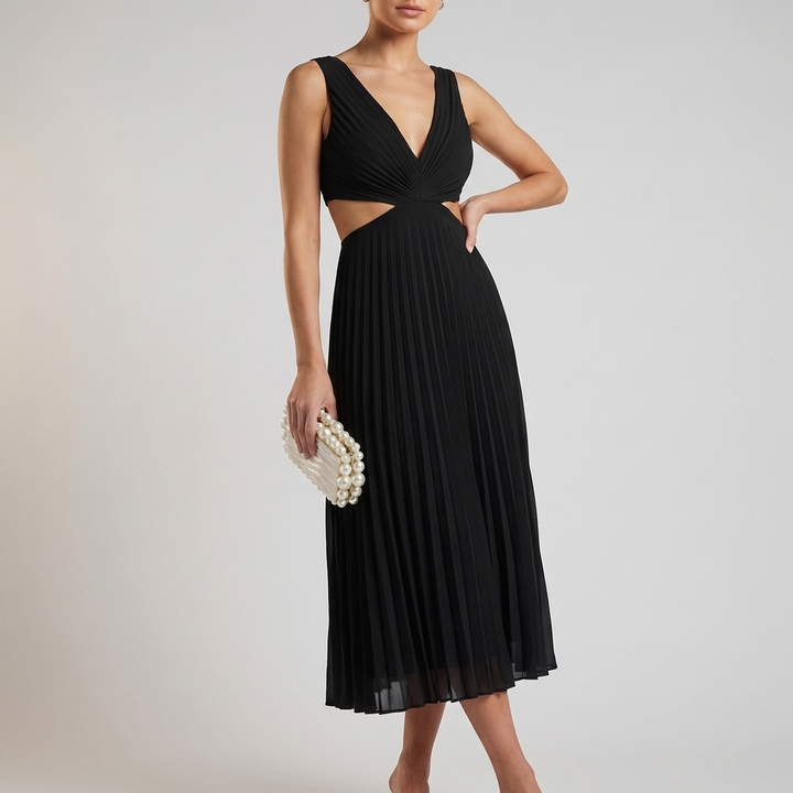 A-Line Midi Dress with Pleated Skirt and Twist-Front Bodice