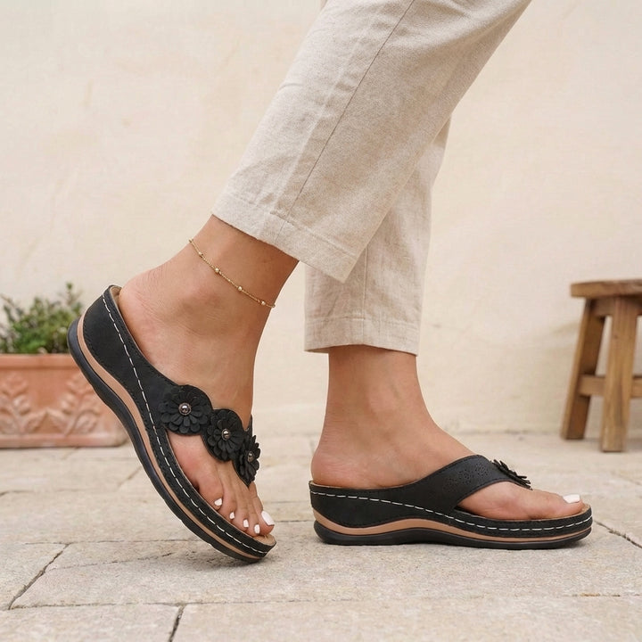 Elegant Wedge Thong Sandals with Floral Appliqués and Cushioned Footbed