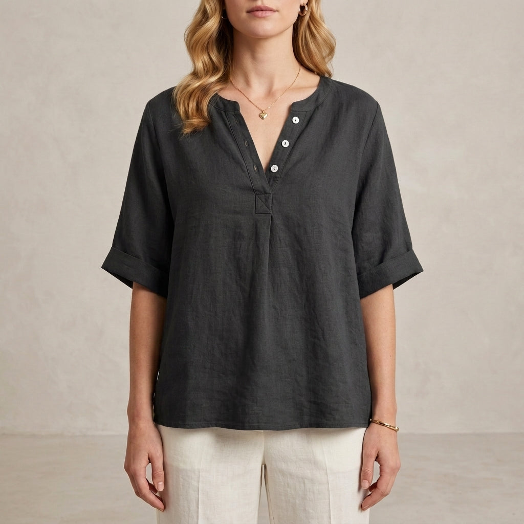 Relaxed Henley Blouse with Notched Neckline and Flowing Sleeves
