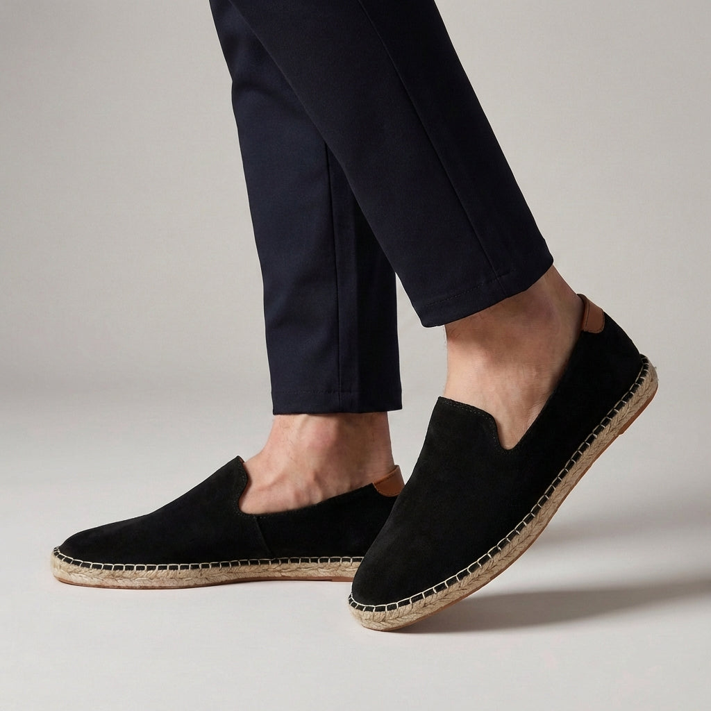 Suede Slip-On Espadrilles with Jute Rope Sole and Heel Tab
