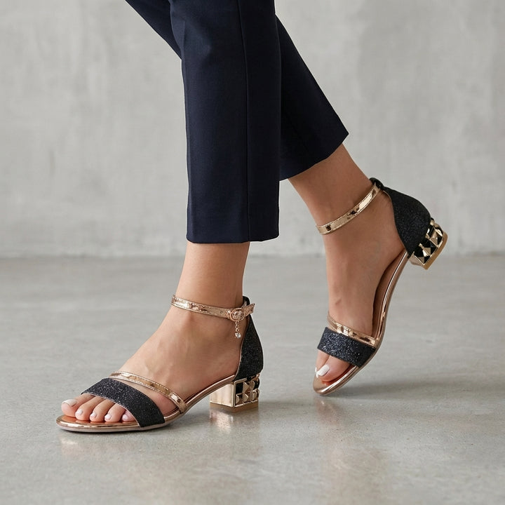 Sculpted Block Heel Ankle-Strap Sandals with Reflective Charm