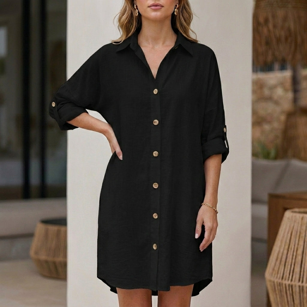 Relaxed Fit Mini Shirt Dress with Roll-Tab Sleeves