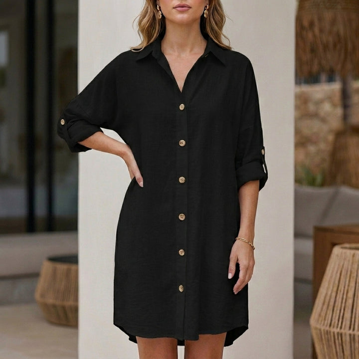 Relaxed Fit Mini Shirt Dress with Roll-Tab Sleeves