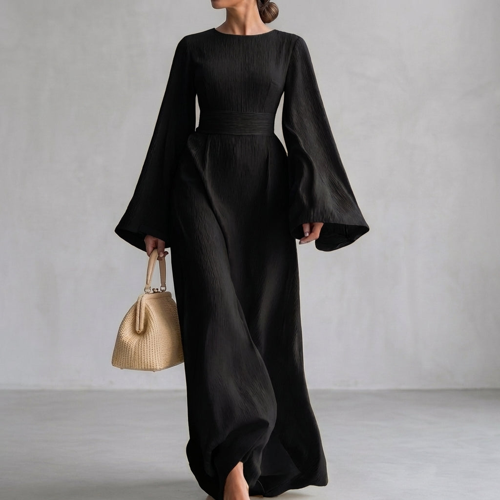 Flowing Maxi Dress with Draped Waist and Bell Sleeves