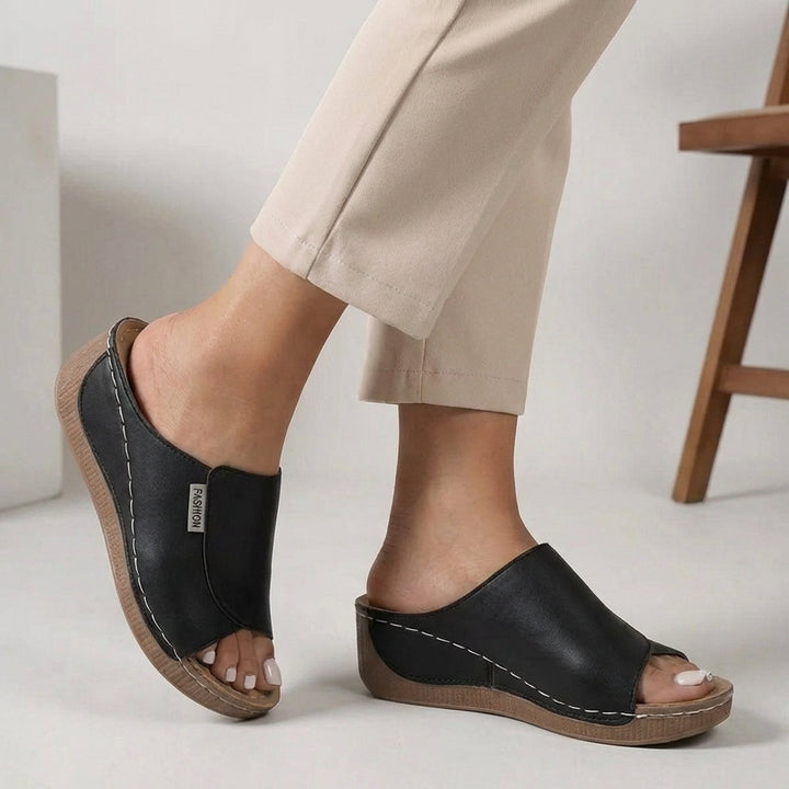 Open-Toe Wedge Sandals with Contrast Stitching