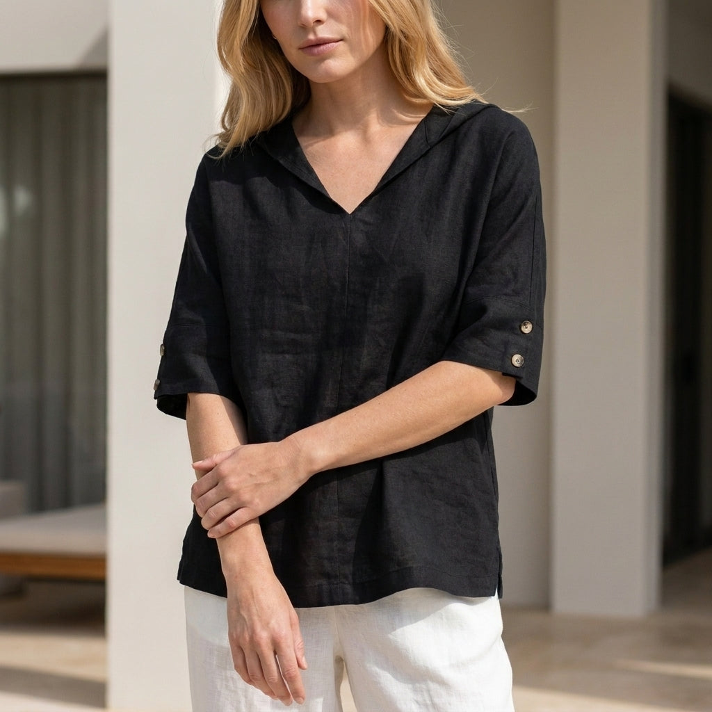 Relaxed Linen Blend Blouse with Soft Open Collar Neckline