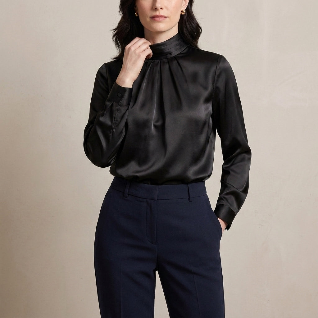 Mock Neck Satin Blouse with Elegant Pleated Front Detail