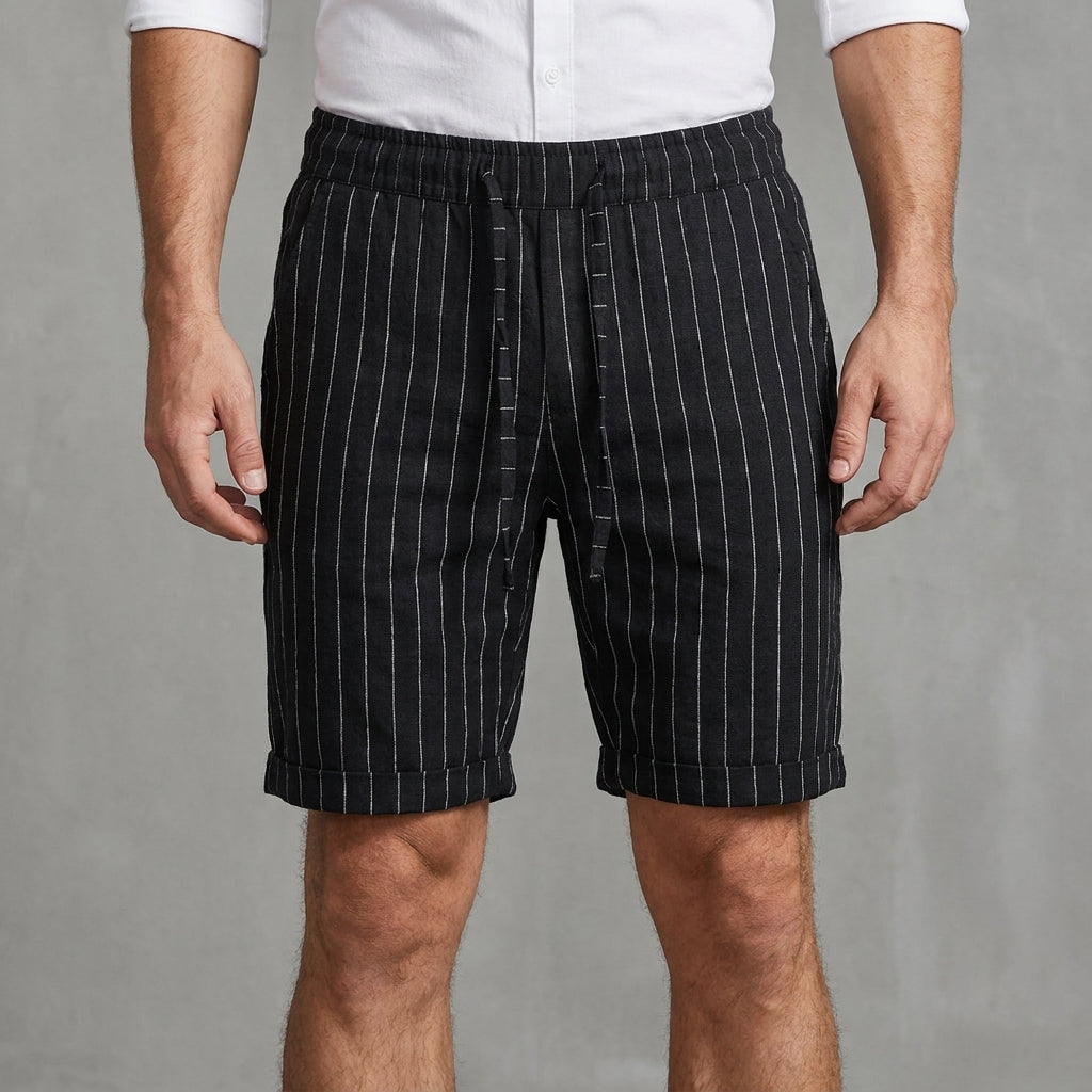Relaxed Pinstripe Drawstring Shorts with Rolled Hem Detail
