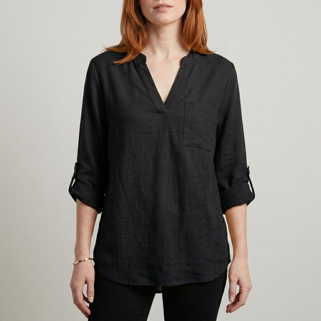 Relaxed V Neck Tunic Blouse with Roll Tab Sleeves