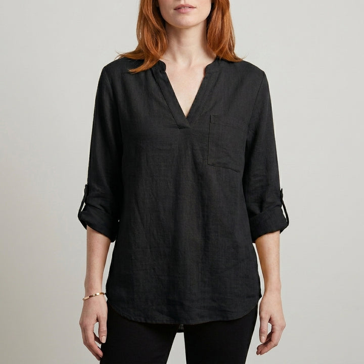Relaxed V Neck Tunic Blouse with Roll Tab Sleeves