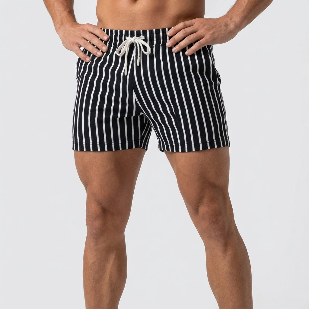 Relaxed Vertical Stripe Drawstring Shorts with Rear Patch Pocket