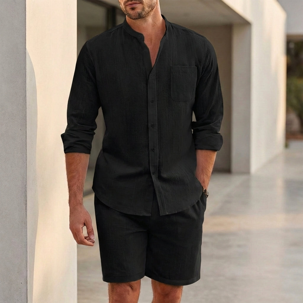 Relaxed Two-Piece Set with Band Collar Shirt and Tailored Shorts