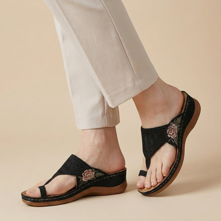 Embroidered T Strap Comfort Sandals with Supportive Wedge Sole