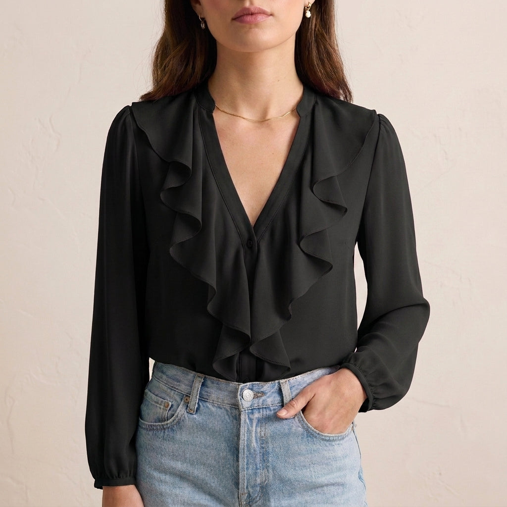 Elegant Chiffon Ruffle V-Neck Blouse with Bishop Sleeves for Smart Casual
