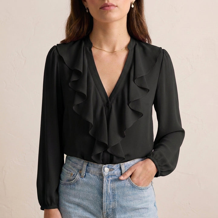Elegant Chiffon Ruffle V-Neck Blouse with Bishop Sleeves for Smart Casual