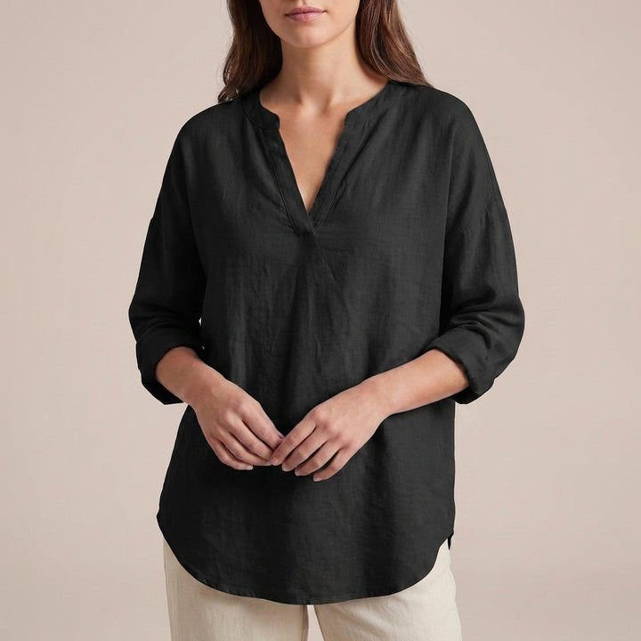 Relaxed-Fit Tunic Blouse with Split V-Neck and Curved Hem