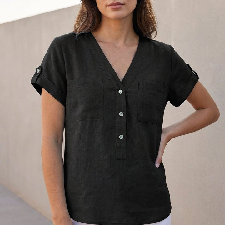 Relaxed Top with Split Neckline and Button Detail