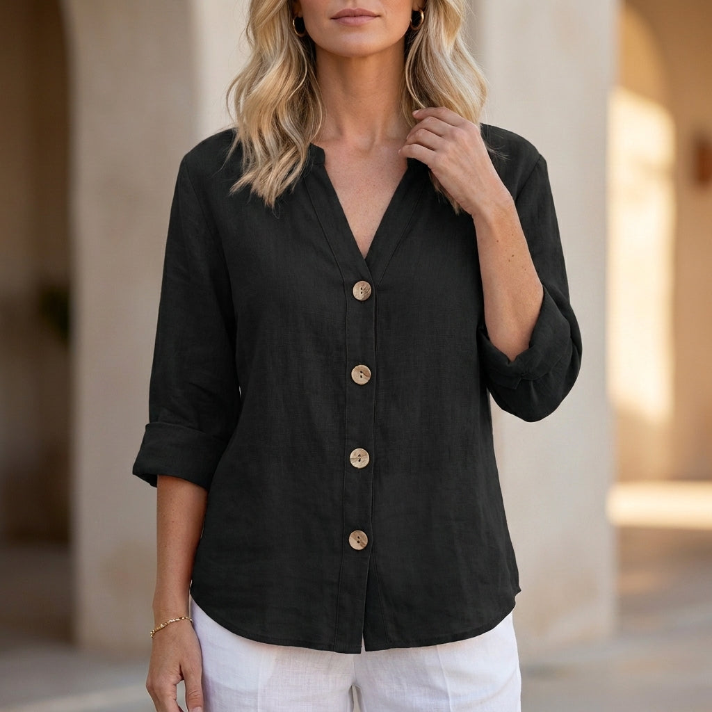 Relaxed Button Front Blouse with Rolled Sleeves and Split Neckline