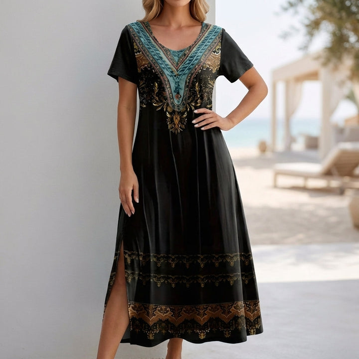 Bohemian Print Maxi Dress with Embellished V Neck and Side Slit