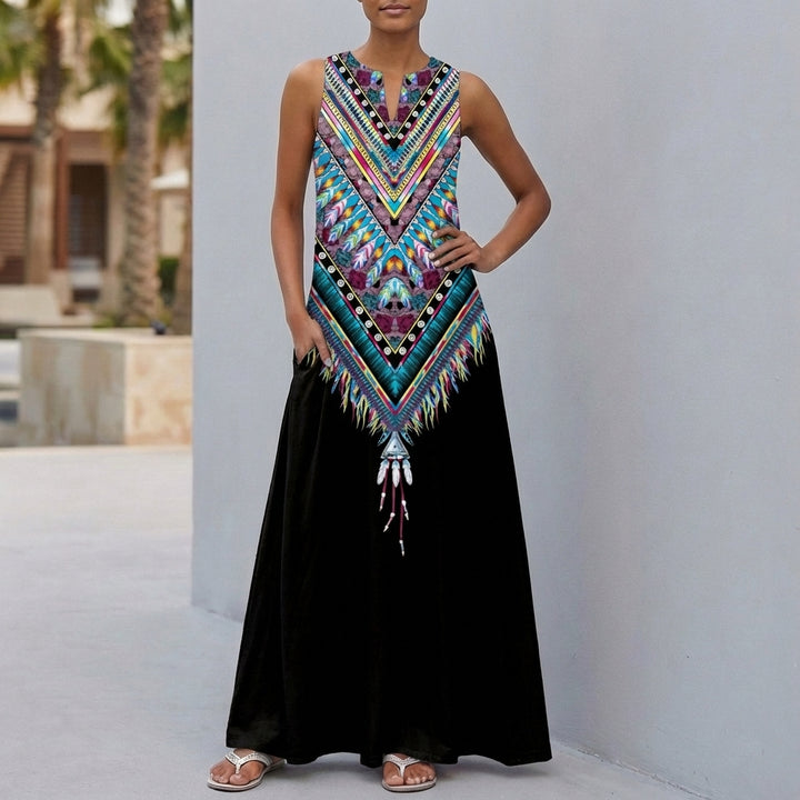Sleeveless Floral Print Maxi Dress with Notched Neckline and Pockets