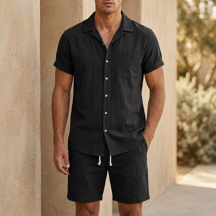 Relaxed Fit Two-Piece Set with Lapel Collar and Drawstring Shorts