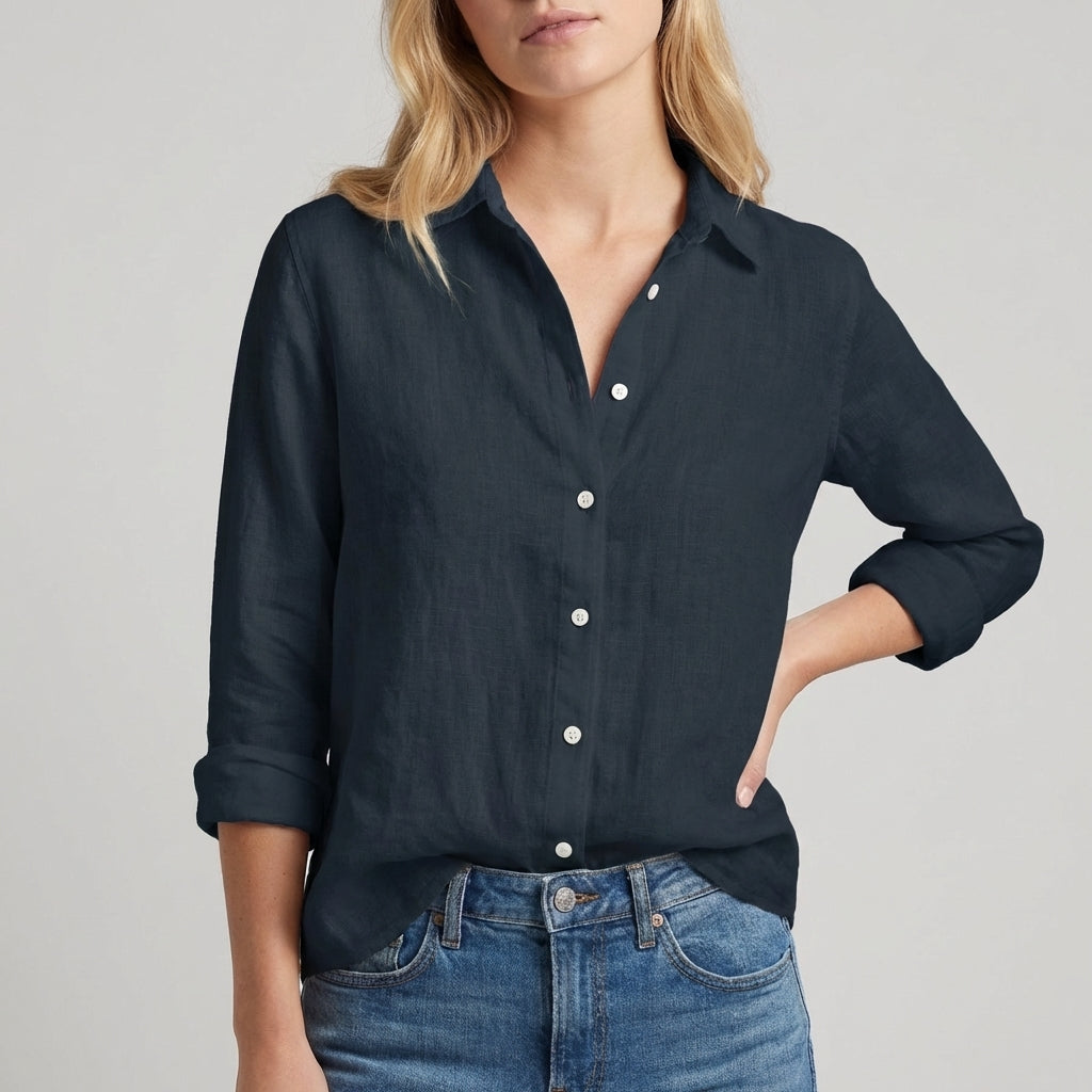 Relaxed Button-Up Blouse with Soft Collar and Rolled Sleeves