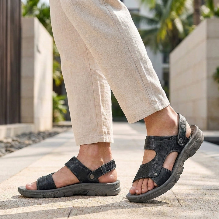 Pebbled Outdoor Sandals with Adjustable Heel Strap and Rugged Sole