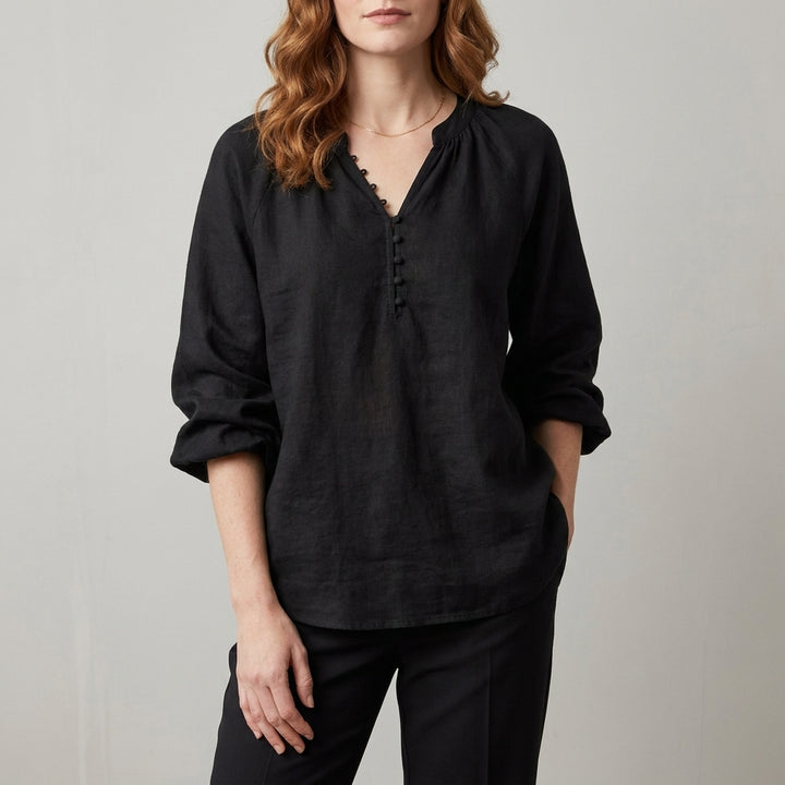 Relaxed Peasant Blouse with Gathered Neckline and Balloon Sleeves