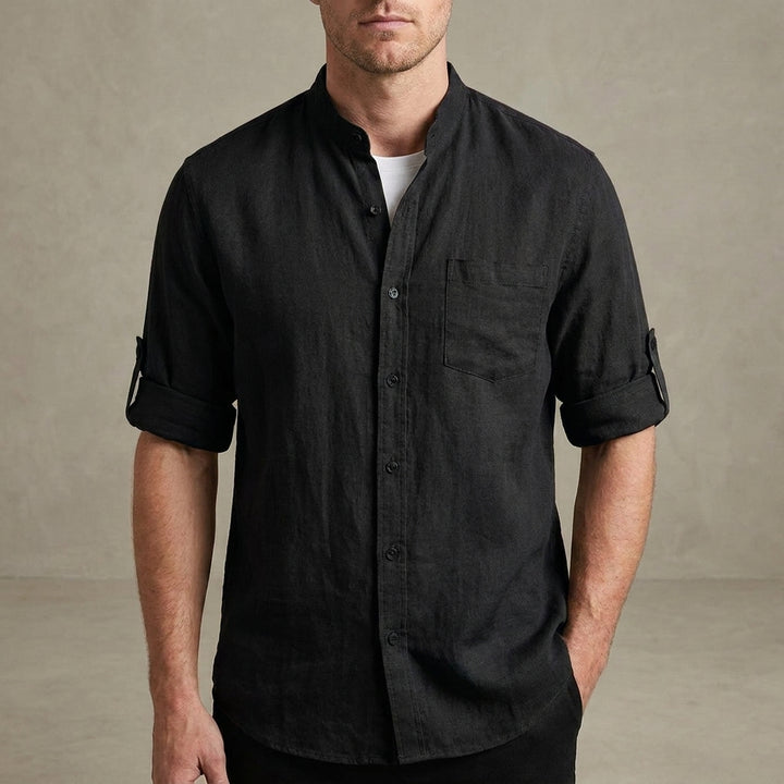 Mandarin Collar Linen Blend Shirt with Rolled Short Sleeves